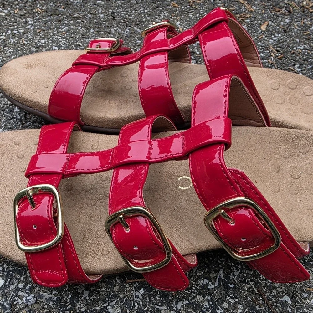 Vionic Misa (Sz 9) Sandals Women's Slides Red Patent Adjustable Straps Buckles